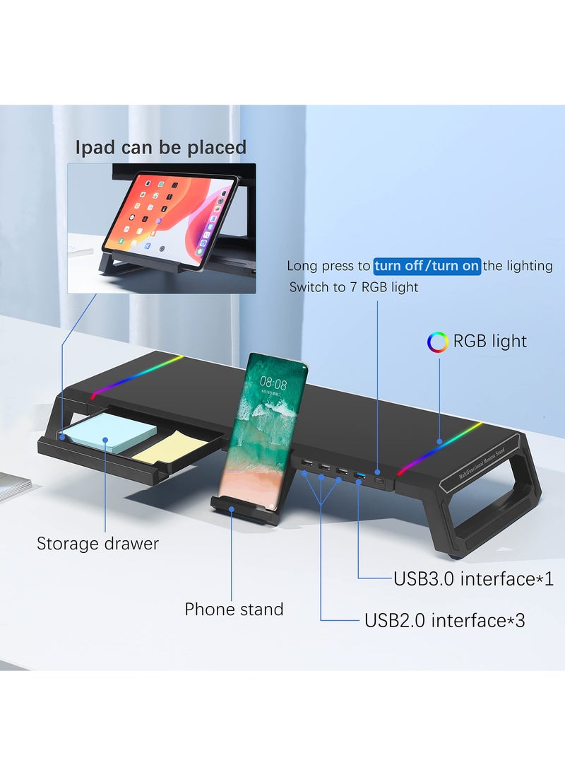 RGB Gaming Monitor Stand with USB 3.0 & 2.0 Hub, Foldable Screen Riser, Storage Drawer, and Phone Holder - Desk Organizer for PC, Laptop, and iMac - Black