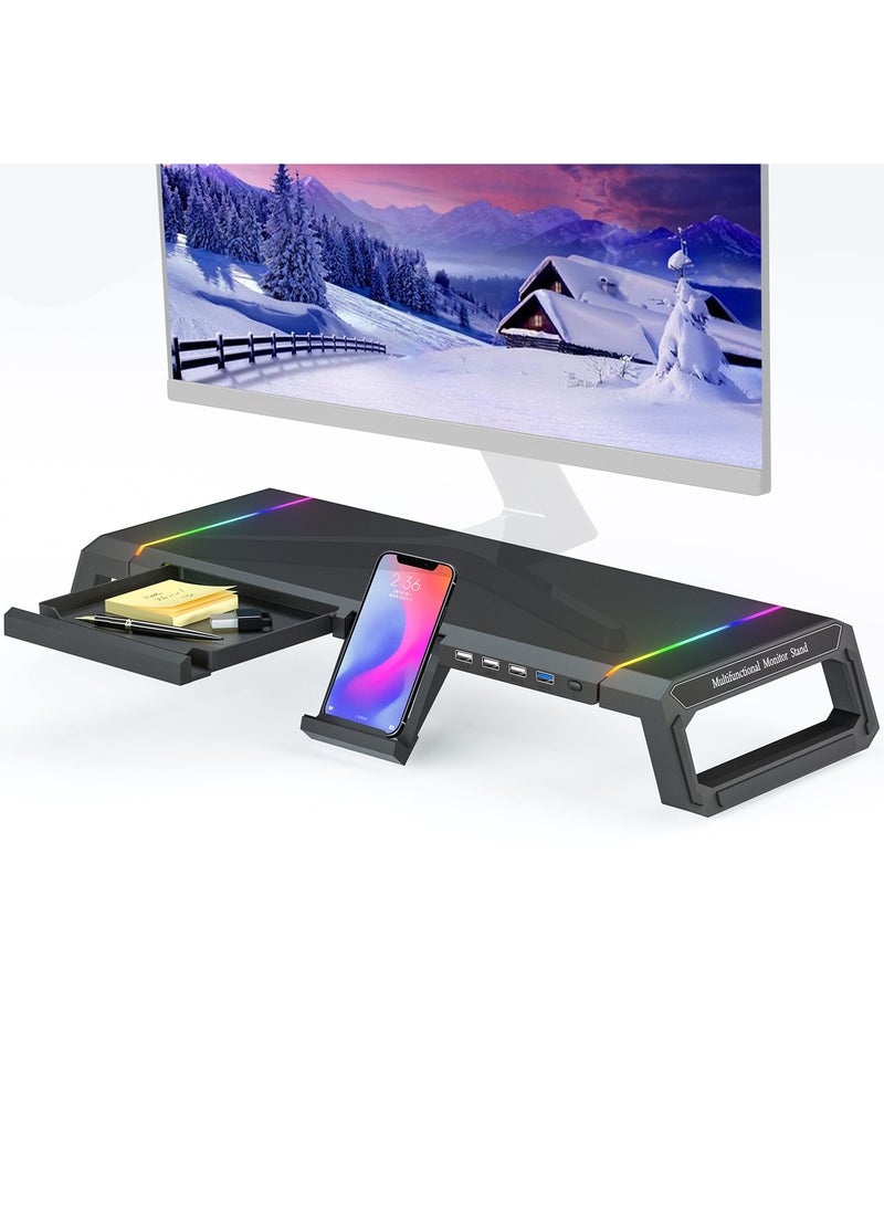 RGB Gaming Monitor Stand with USB 3.0 & 2.0 Hub, Foldable Screen Riser, Storage Drawer, and Phone Holder - Desk Organizer for PC, Laptop, and iMac - Black