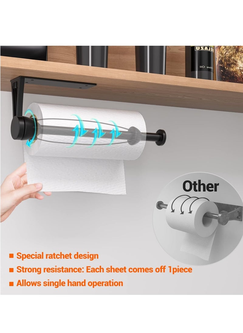 Paper Towel Holder Under Cabinet, Single Hand Operable Wall Mount with Damping Effect, Self-Adhesive or Drilled for Kitchen Bathroom, Black