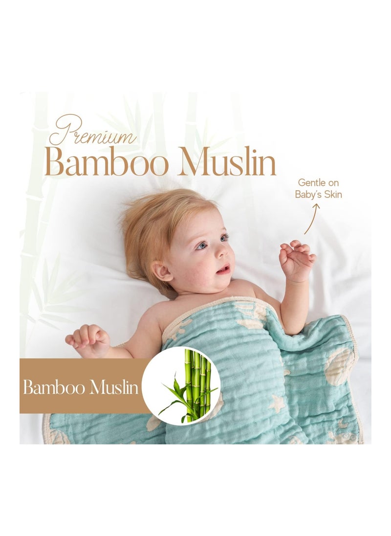 Bamboo Muslin Baby Towel Hooded , 32 X 32 Inches Silk Soft And Comfortable 6 Layer Large Bath Towel For Boys, Girls (Ocean Green)