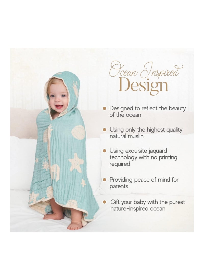 Bamboo Muslin Baby Towel Hooded , 32 X 32 Inches Silk Soft And Comfortable 6 Layer Large Bath Towel For Boys, Girls (Ocean Green)