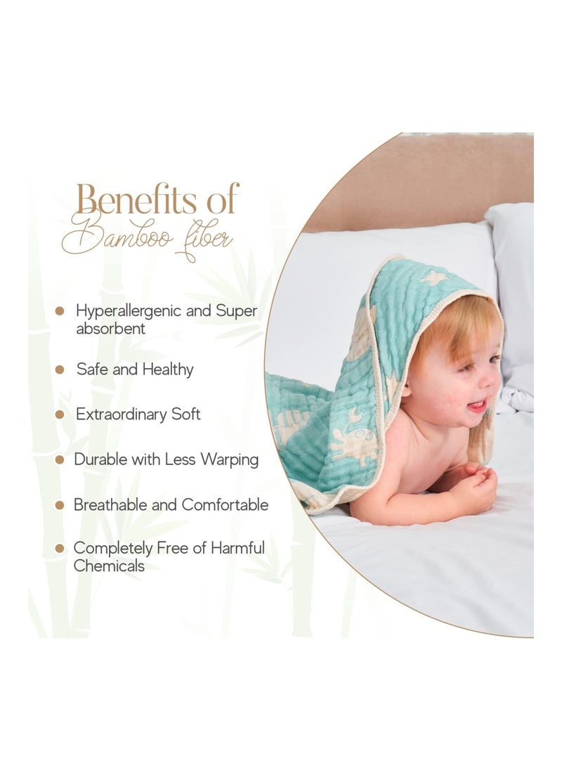 Bamboo Muslin Baby Towel Hooded , 32 X 32 Inches Silk Soft And Comfortable 6 Layer Large Bath Towel For Boys, Girls (Ocean Green)