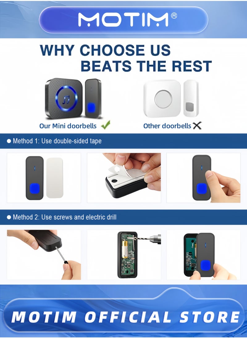 Wireless Doorbell 55 Ringtones & 5 Volume Levels with Flashing LED Includes 2 Receivers and 2 Buttons for Home Use