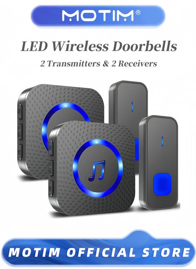 Wireless Doorbell 55 Ringtones & 5 Volume Levels with Flashing LED Includes 2 Receivers and 2 Buttons for Home Use