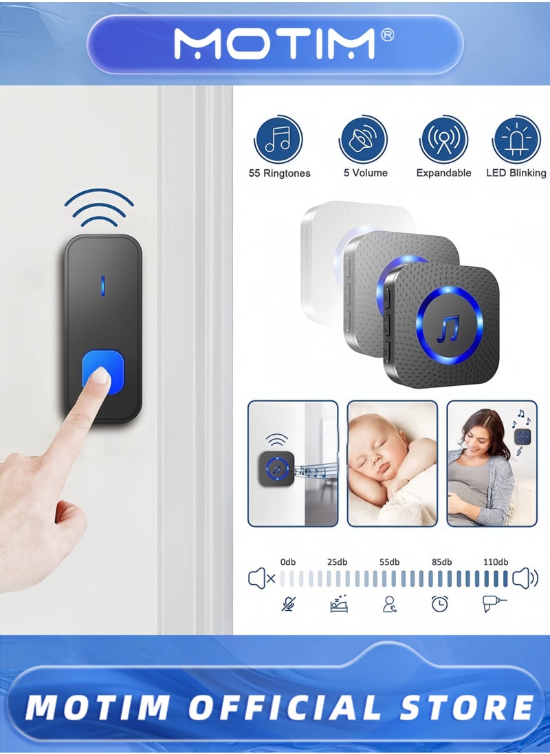 Wireless Doorbell 55 Ringtones & 5 Volume Levels with Flashing LED Includes 2 Receivers and 2 Buttons for Home Use