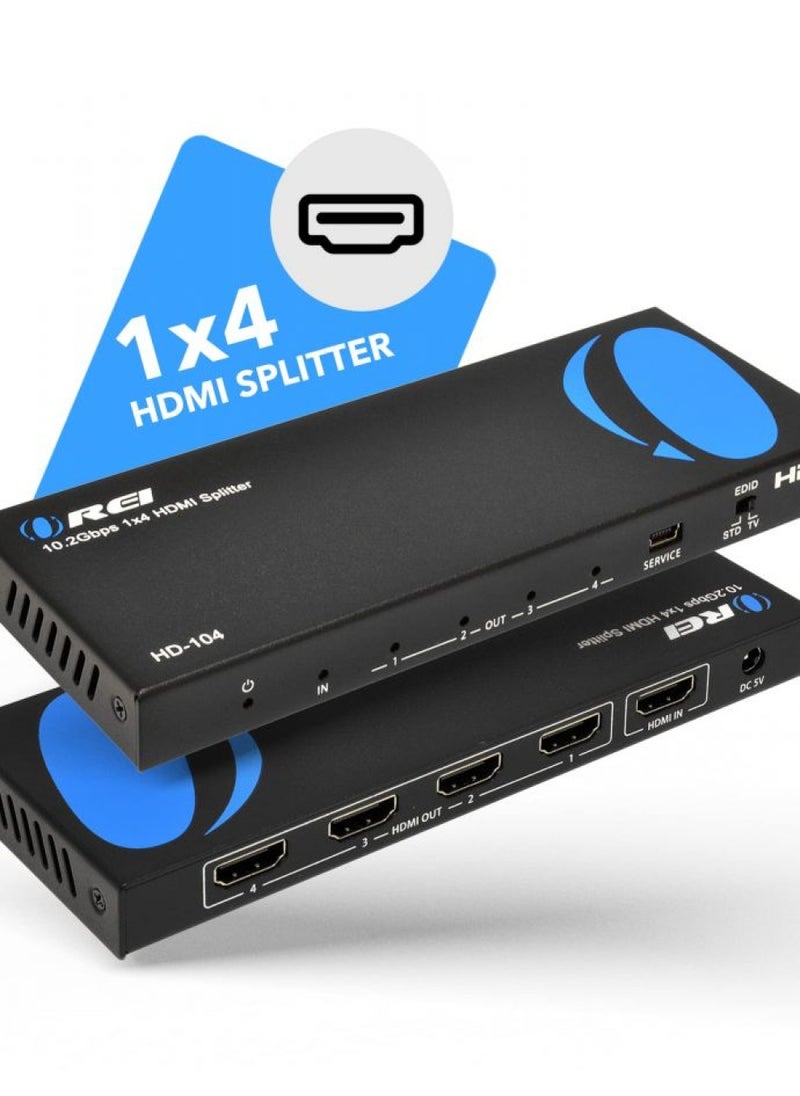 OREI 4K 1x4 HDMI Splitter, - 1 Port to 4 HDMI Display Duplicate/Mirror - Powered Splitter Ver 1.4 Certified for Full HD 1080P High Resolution & 3D Support (One Input To Four Outputs) - (HD-104)