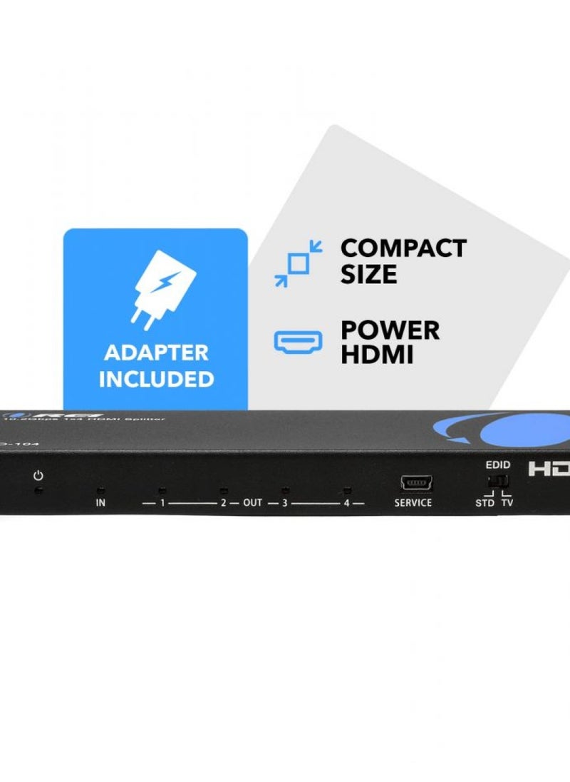 OREI 4K 1x4 HDMI Splitter, - 1 Port to 4 HDMI Display Duplicate/Mirror - Powered Splitter Ver 1.4 Certified for Full HD 1080P High Resolution & 3D Support (One Input To Four Outputs) - (HD-104)