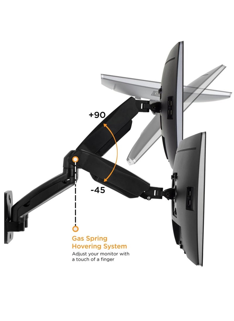 Dual Monitor Wall Mount Arms | Double Monitor Wall Mount | Two Full Motion Adjustable Articulating Gas Spring Arms | Fits 19 20 21 22 24 27 Inch Computer Screens with 75 or 100 VESA Patterns