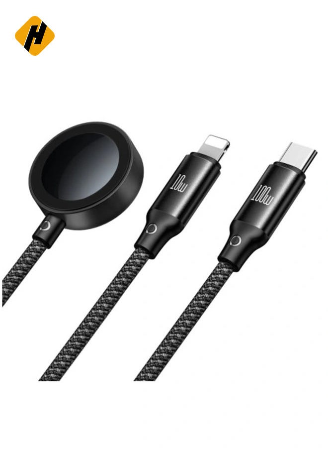 CA494 3-in-1 100W USB-C to Type-C & Lightning Cable with Wireless Charger for Apple Watch – 1.2m