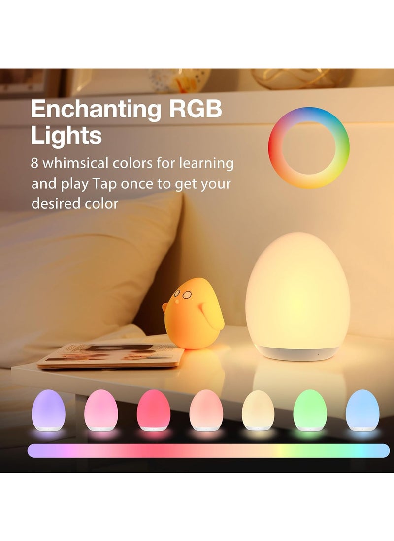 Night Light for Kids, Egg Light for Nursery with 7 RGB Colors Changeable & Stepless Dimming, Rechargeable Tap Light with 1h Timer & Touch Control, Portable Night Light for Babies BPA Free