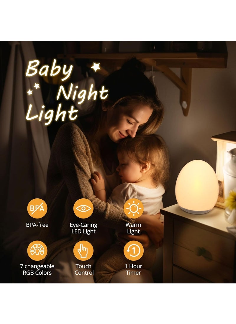 Night Light for Kids, Egg Light for Nursery with 7 RGB Colors Changeable & Stepless Dimming, Rechargeable Tap Light with 1h Timer & Touch Control, Portable Night Light for Babies BPA Free