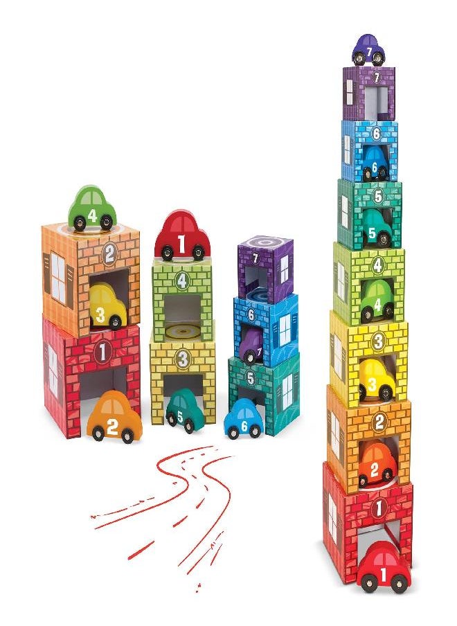 Melissa & Doug Nesting and Sorting Garages and Cars With 7 Graduated Garages and 7 Stackable Wooden Cars - Numbers Learning Toys, Car Garage Toy, Sorting And Stacking Toys For Toddlers Ages 2+