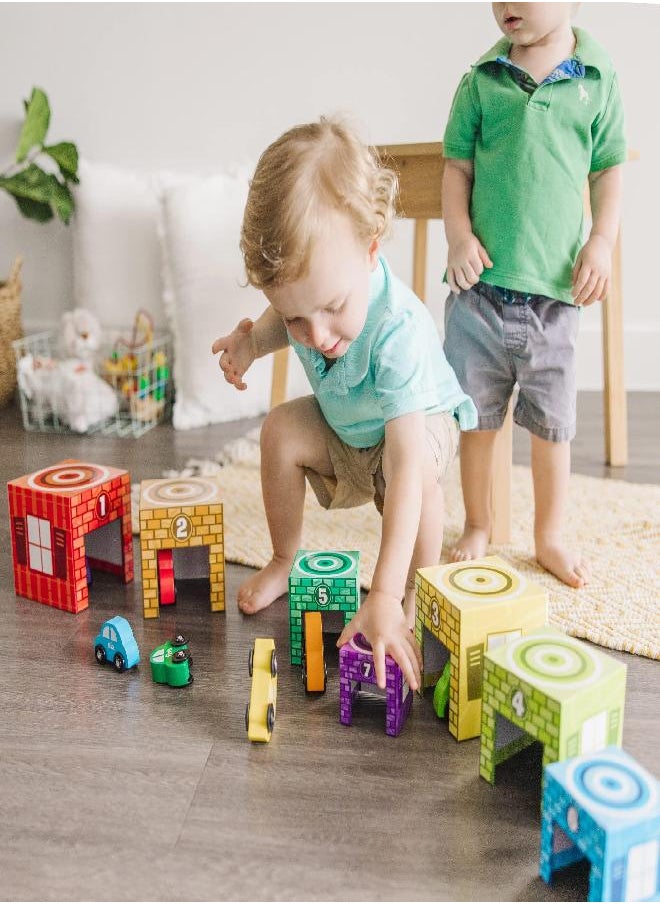 Melissa & Doug Nesting and Sorting Garages and Cars With 7 Graduated Garages and 7 Stackable Wooden Cars - Numbers Learning Toys, Car Garage Toy, Sorting And Stacking Toys For Toddlers Ages 2+