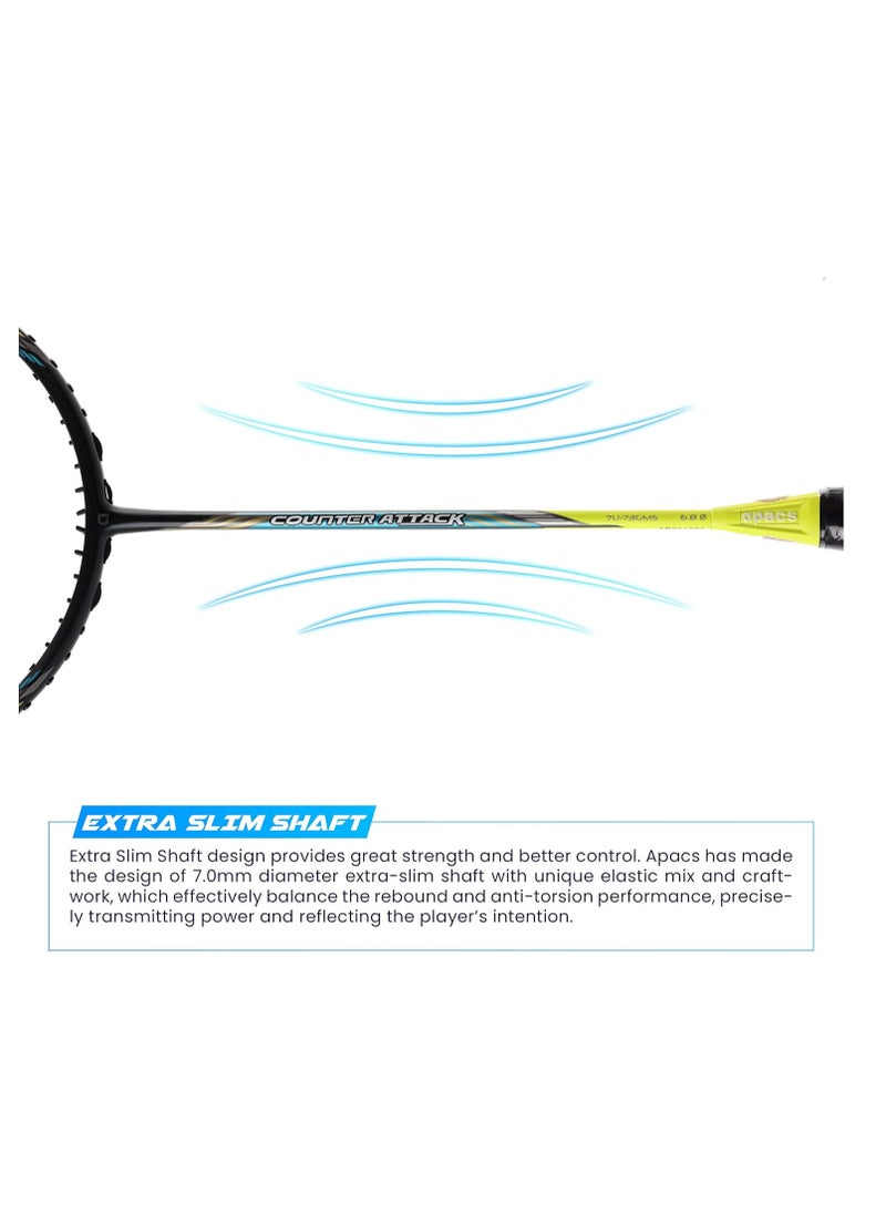 Counter Attack Badminton Racket – Unstrung, 24T Japan Graphite, Ultra Optimum Frame, Power Head, Extra Slim Shaft, Max 35 lbs Tension, G4 Grip, Full Cover