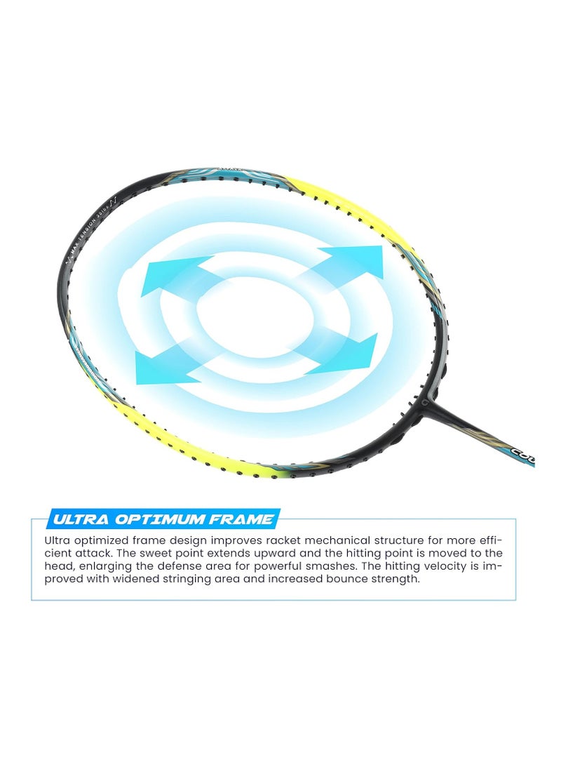 Counter Attack Badminton Racket – Unstrung, 24T Japan Graphite, Ultra Optimum Frame, Power Head, Extra Slim Shaft, Max 35 lbs Tension, G4 Grip, Full Cover
