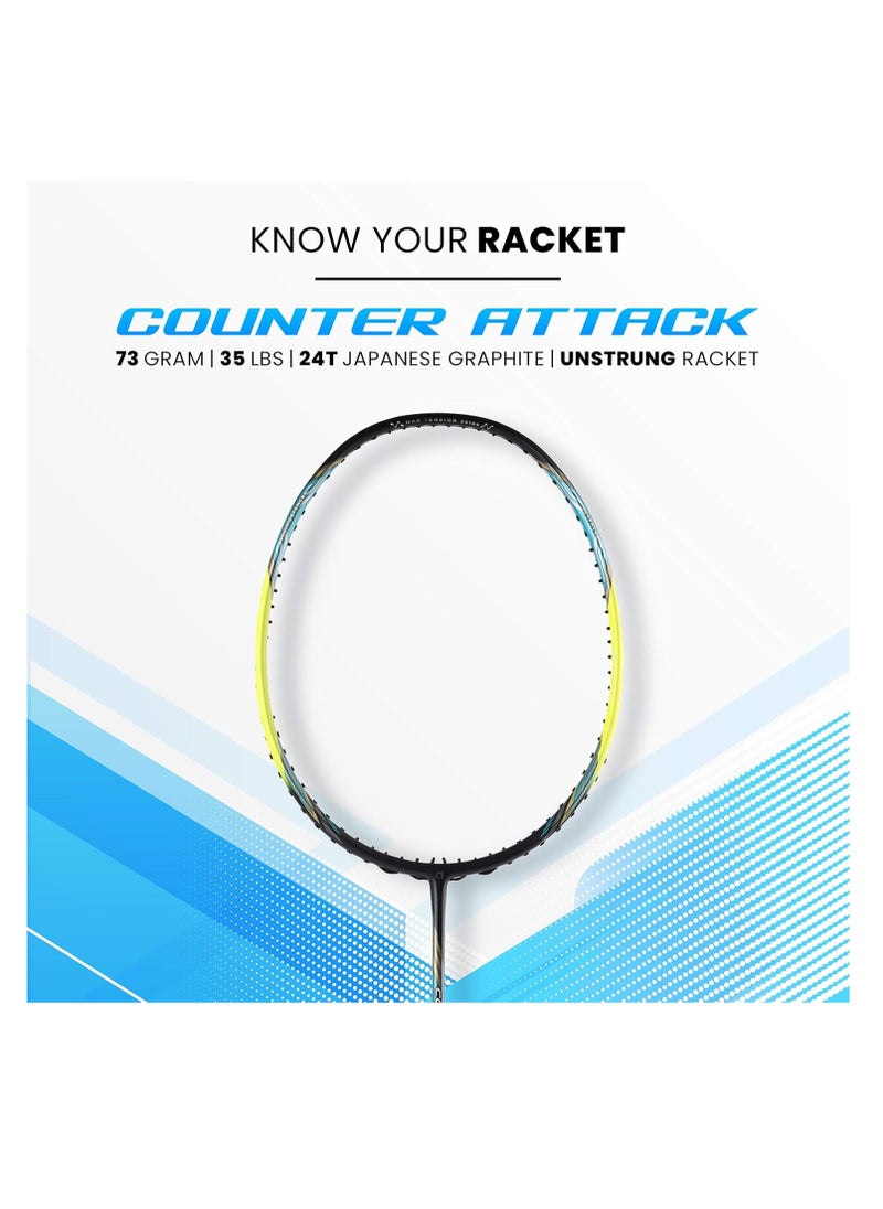Counter Attack Badminton Racket – Unstrung, 24T Japan Graphite, Ultra Optimum Frame, Power Head, Extra Slim Shaft, Max 35 lbs Tension, G4 Grip, Full Cover