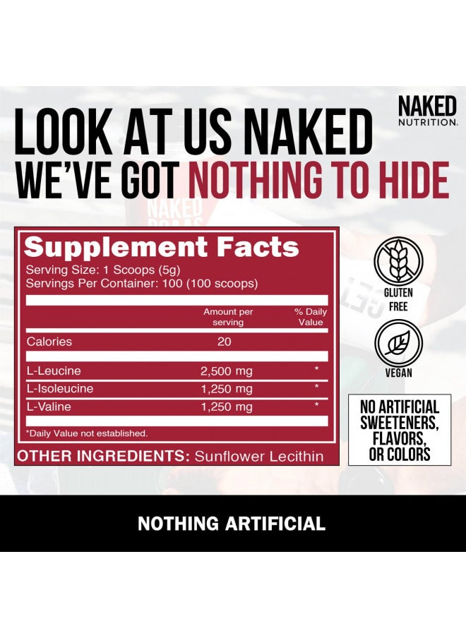 Naked Bcaas Amino Acids Powder, Only 1 Ingredient, Pure 2:1:1 Formula, Vegan Unflavored Branched Chain Amino Acids, Instantized All Natural Bcaa Supplement   500 Grams, 100 Servings