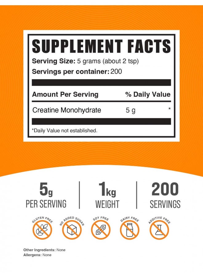 Bulksupplements.Com Creatine Monohydrate Powder   Creatine Supplement, Micronized Creatine 1Kg, Creatine Powder   Unflavored & Gluten Free, 5G (5000Mg) Per Servings, 1Kg (2.2 Lbs) (Pack of1)