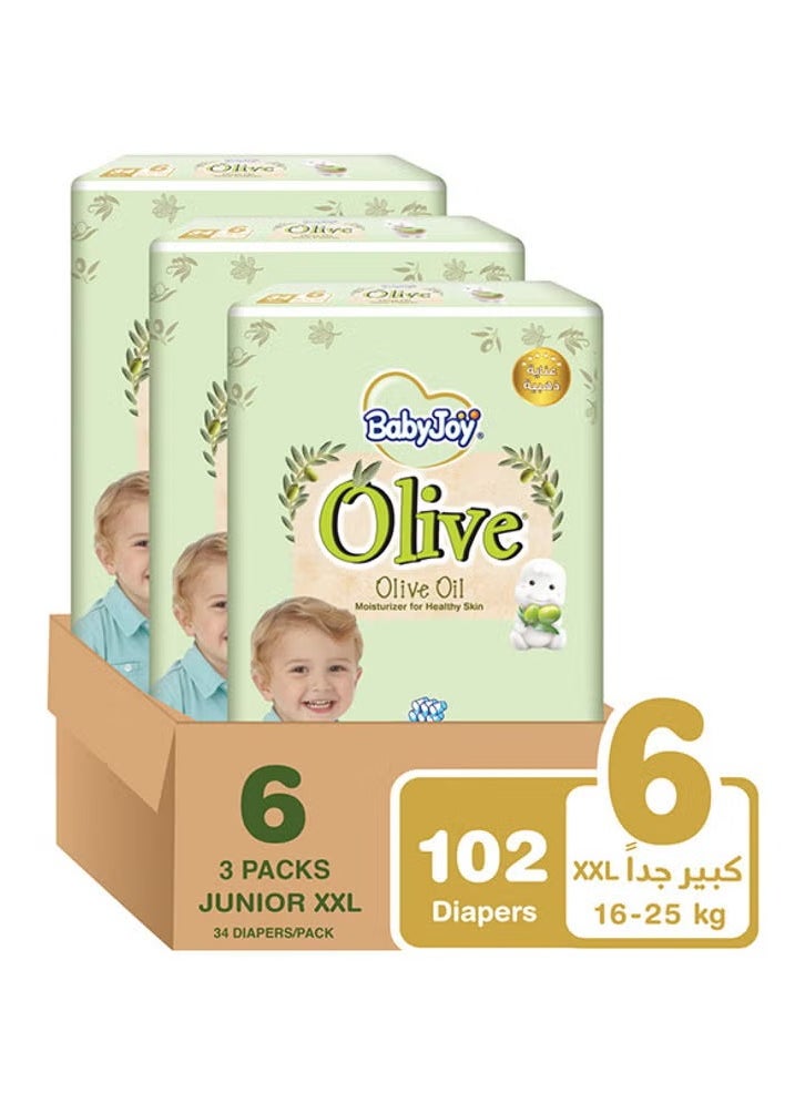 BabyJoy Olive Oil, Size 6 Junior XXL, 16 to 25 kg, Mega Box, 102 Diapers