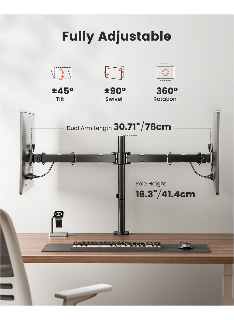 Dual Monitor Stand for 13 to 32 Inch Screens, Dual Monitor Arm Mount Ergonomic Viewing Angle, Adjustable Tilt ±45°/ Swivel 180°/ Rotate 360°/ VESA 75/100mm