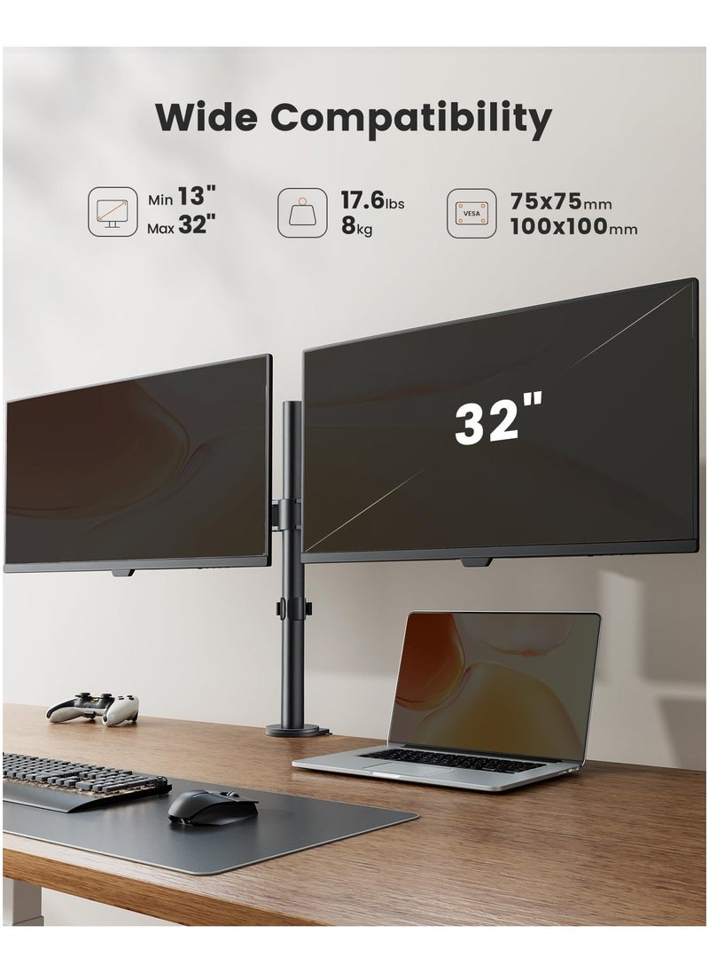 Dual Monitor Stand for 13 to 32 Inch Screens, Dual Monitor Arm Mount Ergonomic Viewing Angle, Adjustable Tilt ±45°/ Swivel 180°/ Rotate 360°/ VESA 75/100mm