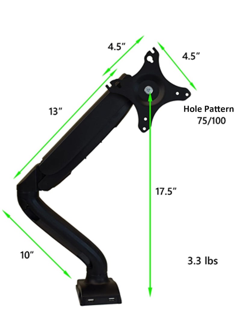 Single Computer Monitor Arm with 2 USB Ports Adjustable Height Universal Mount LCD Holder sit Stand-up Standing Desk Accessory Organizer one Screen Swivel pan tilt Screens Black