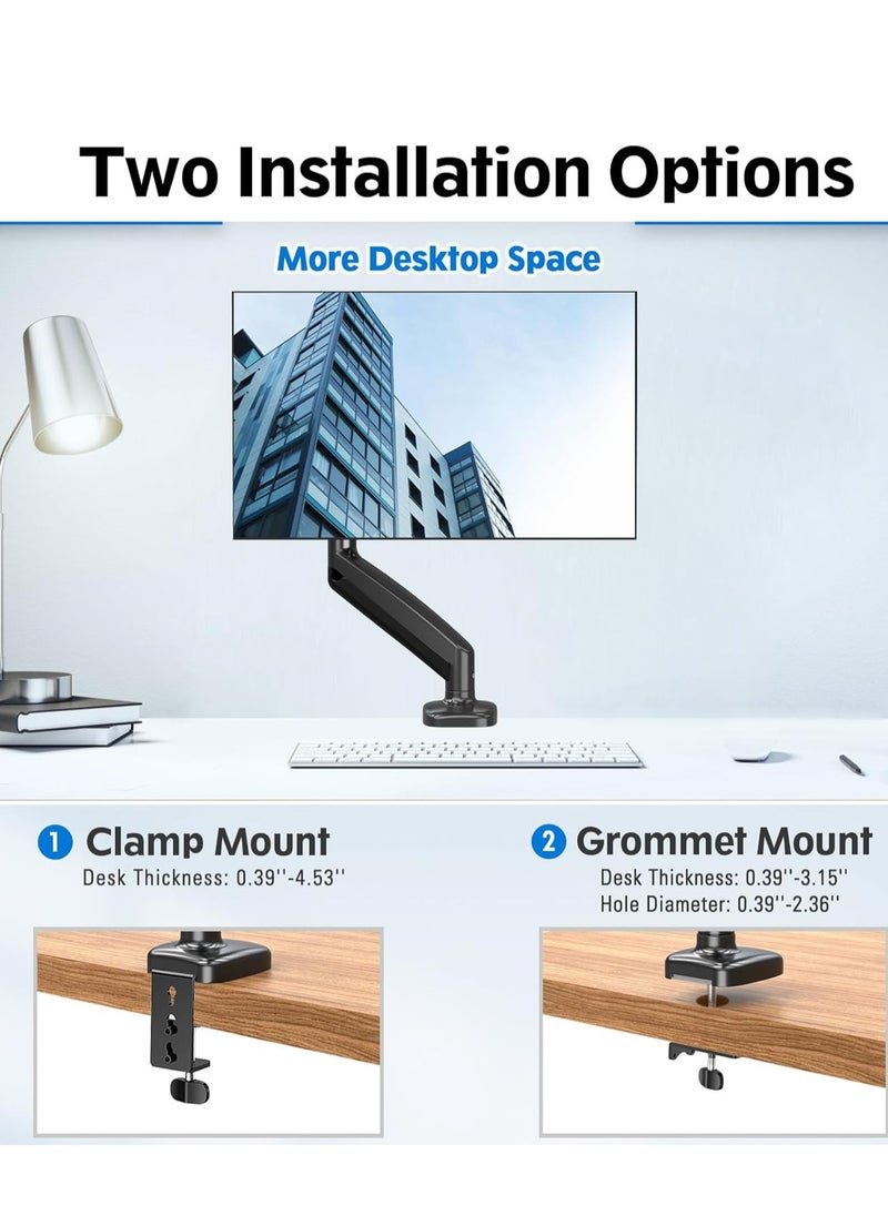 Single Monitor Mount Stand, Fully Adjustable Monitor Arm with Gas Spring, Monitor Desk Mount for 17-32 Inch Computer Screen with Clamp, Grommet Base, Fit VESA 75x75&100x100, Black