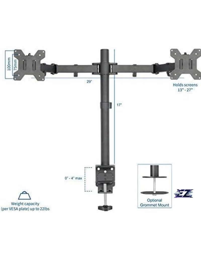 Dual LCD LED Monitor Desk Mount Stand with C-clamp and Bolt-Through Grommet Options | Heavy Duty Fully Adjustable Arms Hold Two (2) Screens up to 27