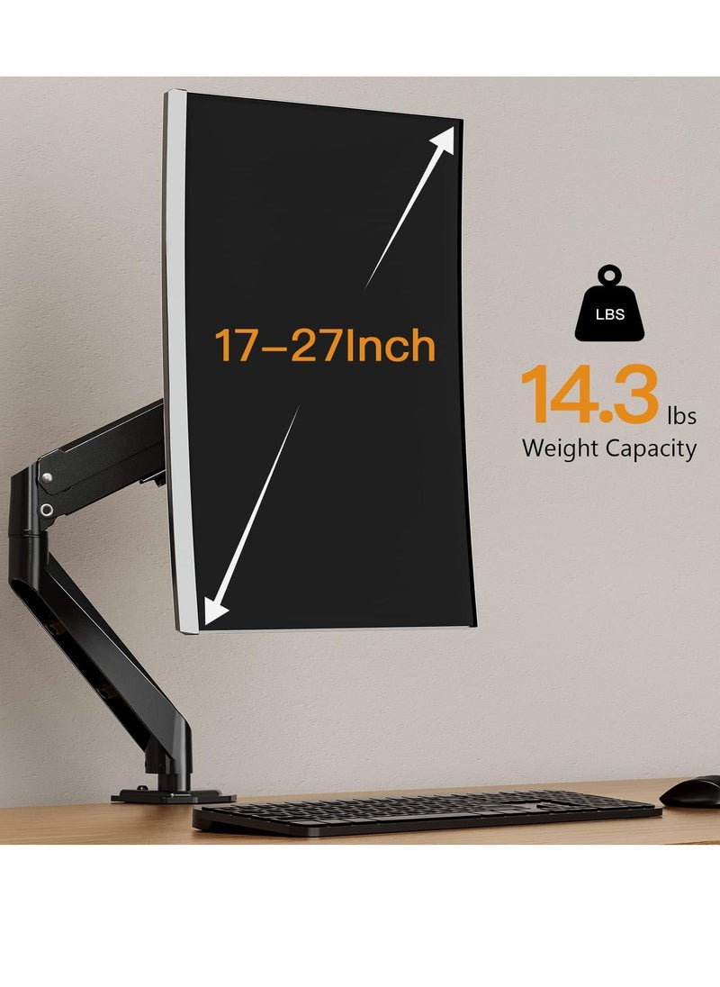 Single Monitor Mount, Gas Spring Monitor Arm, Adjustable Monitor Mount with Full Motion and VESA Bracket, Fits 17 to 27 Inch Monitors, Holds up to 14.3 lbs