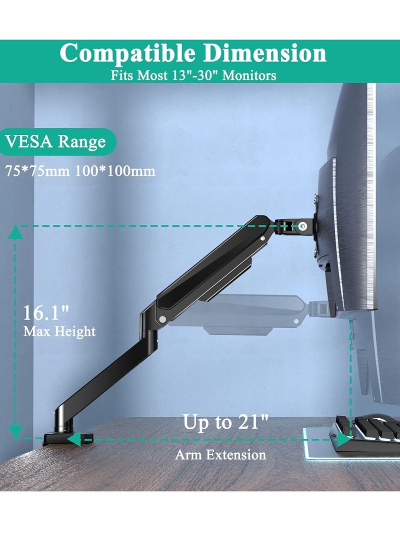 Single Monitor Arm, Desk Mount Gas Spring Monitor Arms Adjustable Full Motion Swivel Computer Monitor Stand with Clamp and Grommet Base, Fits 13-30'' TV Screens Holds up to 19.8lbs