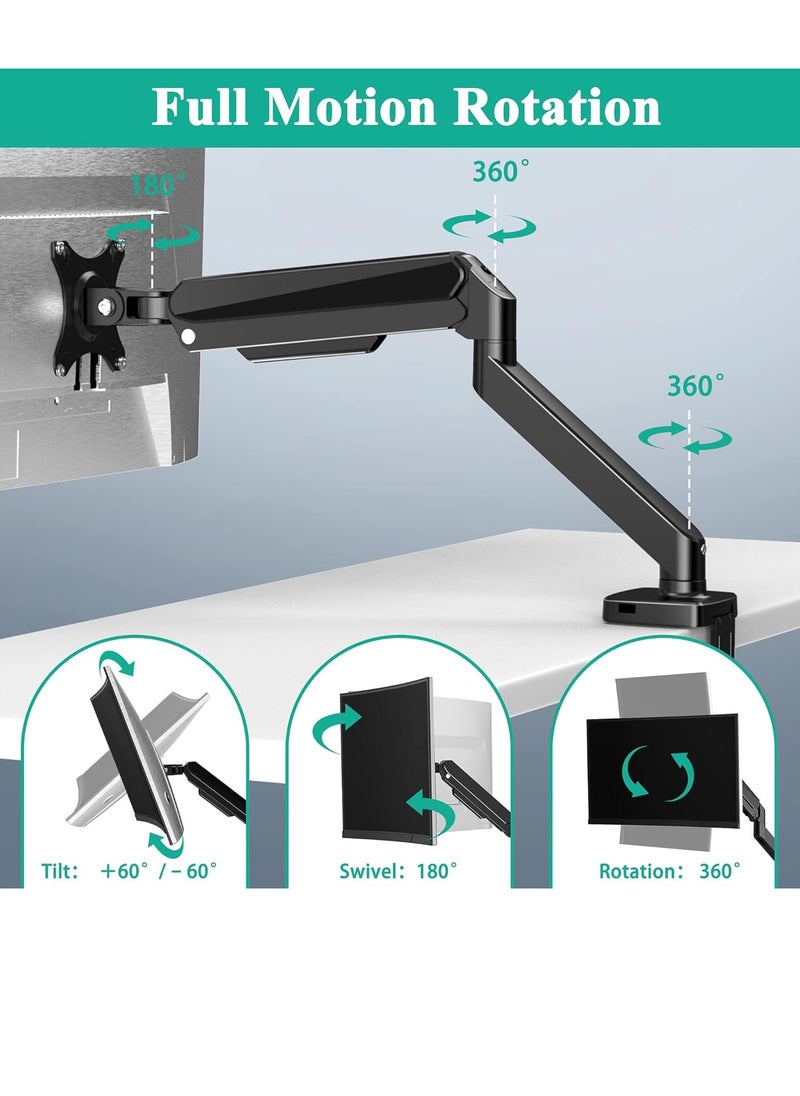 Single Monitor Arm, Desk Mount Gas Spring Monitor Arms Adjustable Full Motion Swivel Computer Monitor Stand with Clamp and Grommet Base, Fits 13-30'' TV Screens Holds up to 19.8lbs