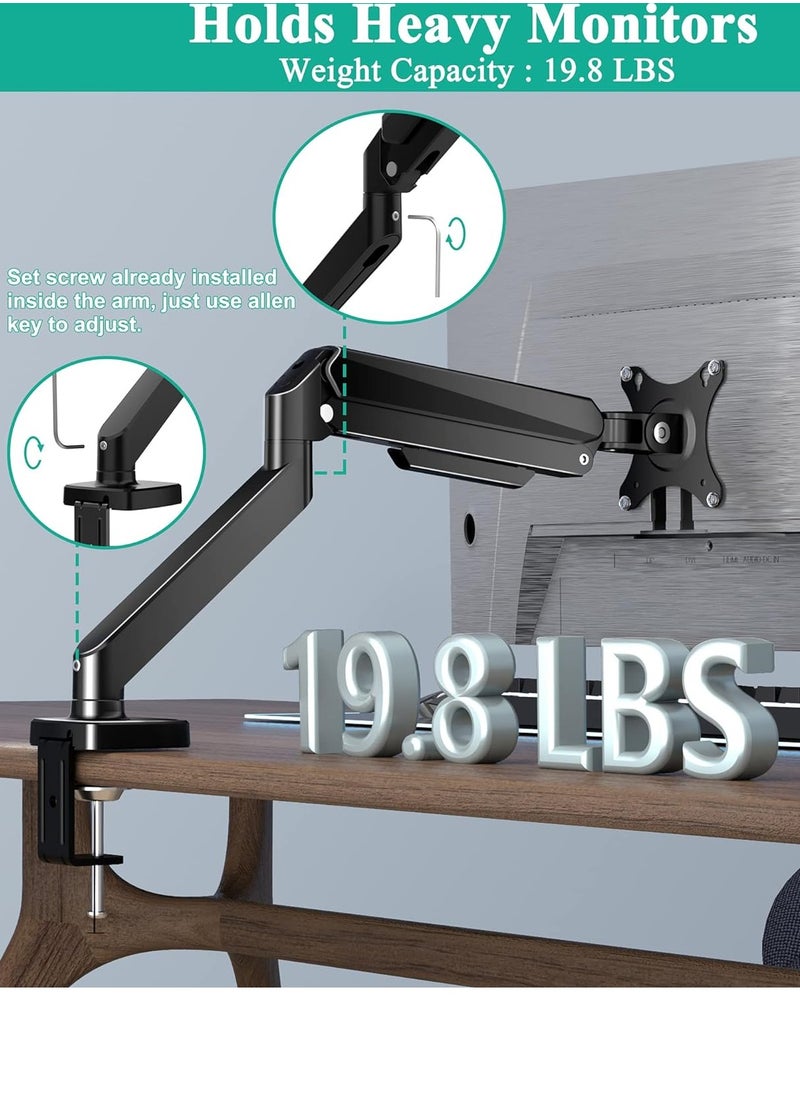 Single Monitor Arm, Desk Mount Gas Spring Monitor Arms Adjustable Full Motion Swivel Computer Monitor Stand with Clamp and Grommet Base, Fits 13-30'' TV Screens Holds up to 19.8lbs