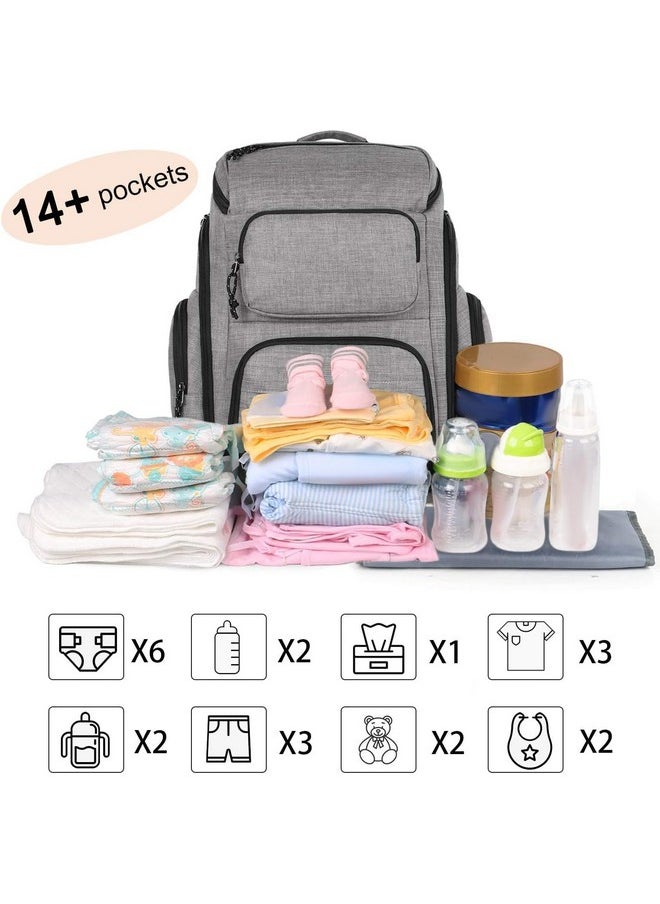 Diaper Bag Backpack, Multifunctional Travel Dad Diaper Bag With Insulated Pockets, Large Capacity Baby Diaper Backpack For Men And Women With Laptop Pocket And Stroller Straps, Grey