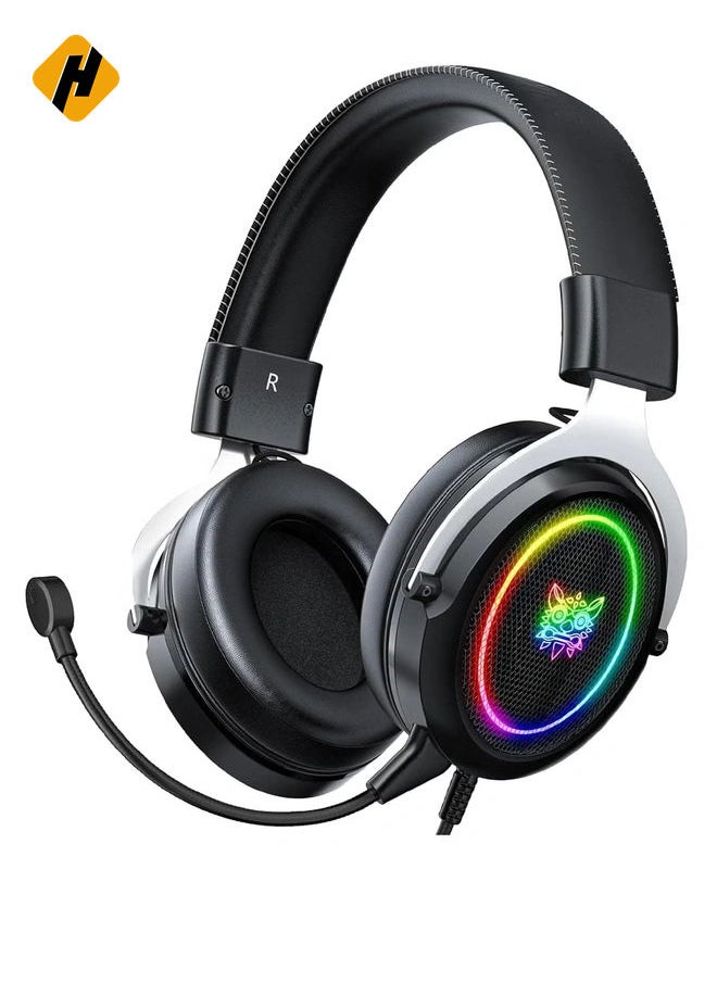 Wired Gaming Headsets RGB LED Headphones w/Mic for PS5/PS4 Black Silver