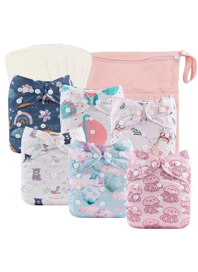 Reusable Cloth Diapers 6 Pack+6Pcs Rayon From Bamboo Inserts+Wet Bag, One Size Adjustable Washable Pocket Nappy Covers For Baby Girls And Boys 6Fg38