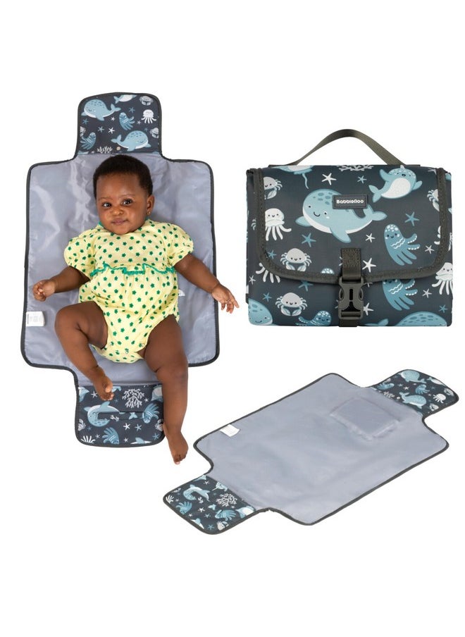 Baby Changing Pad - Comfortable Portable Changing Pad, Compact, Fits In Any Diaper Bag - Lightweight And Soft With Cute Designs, Convenient Pockets, Extra Head Support - Sea Animals