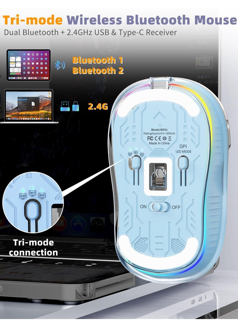 Blue Wireless Bluetooth Transparent Mouse, with USB & Type-C Two Receiver, Small Portable Wireless Rechargeable Mice, for MacBook/pc/iPad/Laptop and Multi Device Connection (Dual BT5.1+2.4GHz)