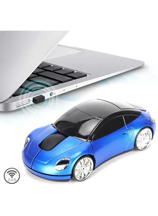 2.4GHz Wireless Car Mouse, 3D Sport Car Shape Ergonomic Optical Mice with USB Receiver, 1600 DPI Computer Mouse with LED Light for PC Laptop Computer Kids Girls Small Hands (Blue)