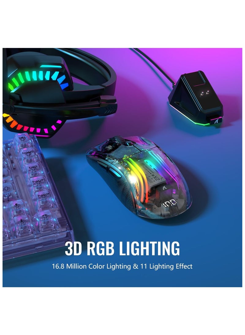 ATTACK SHARK X2 Pro Wireless Gaming Mouse with Charging Station, Quiet Mouse Tri-Mode (BT5.0/2.4G Wireless/Type-C), 4000 DPI RGB Bluetooth Mouse, Rechargeable, Transparent Shell, for PC/MAC, Black