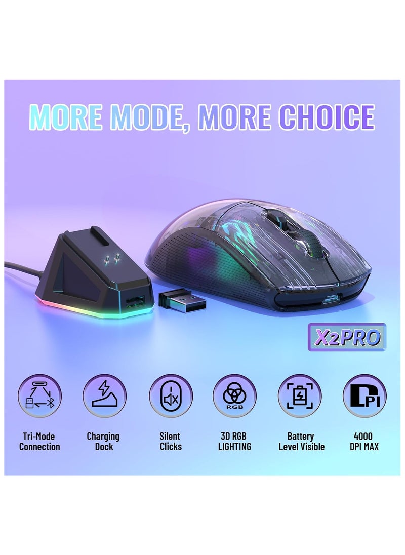 ATTACK SHARK X2 Pro Wireless Gaming Mouse with Charging Station, Quiet Mouse Tri-Mode (BT5.0/2.4G Wireless/Type-C), 4000 DPI RGB Bluetooth Mouse, Rechargeable, Transparent Shell, for PC/MAC, Black