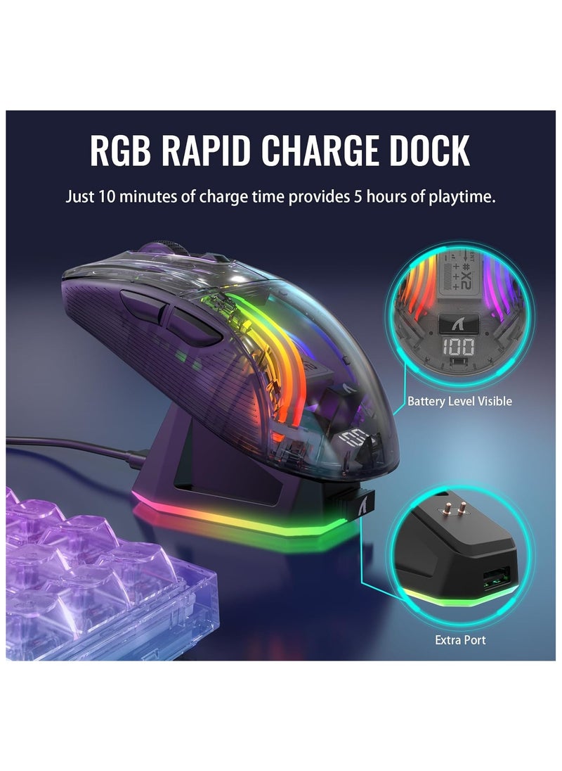 ATTACK SHARK X2 Pro Wireless Gaming Mouse with Charging Station, Quiet Mouse Tri-Mode (BT5.0/2.4G Wireless/Type-C), 4000 DPI RGB Bluetooth Mouse, Rechargeable, Transparent Shell, for PC/MAC, Black