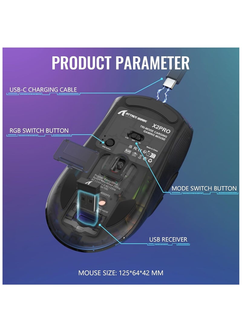 ATTACK SHARK X2 Pro Wireless Gaming Mouse with Charging Station, Quiet Mouse Tri-Mode (BT5.0/2.4G Wireless/Type-C), 4000 DPI RGB Bluetooth Mouse, Rechargeable, Transparent Shell, for PC/MAC, Black
