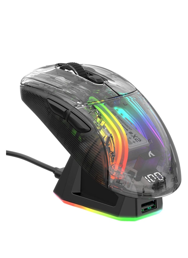 ATTACK SHARK X2 Pro Wireless Gaming Mouse with Charging Station, Quiet Mouse Tri-Mode (BT5.0/2.4G Wireless/Type-C), 4000 DPI RGB Bluetooth Mouse, Rechargeable, Transparent Shell, for PC/MAC, Black