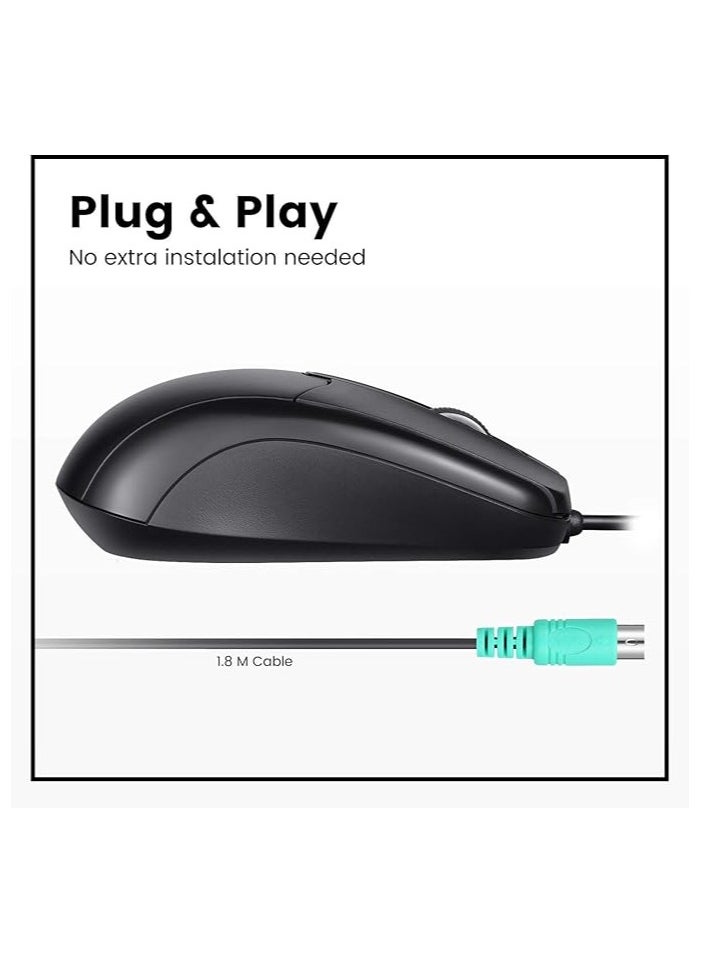 P Wired PS2 Mouse with Scroll Wheel and Optical Resolution with 1000 DPI for Computer, 1.8 m Cable, Black