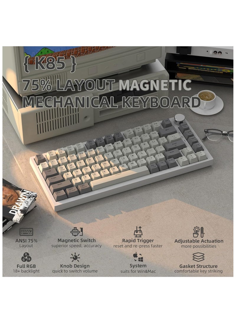 ATTACK SHARK K85 Rapid Trigger 75% Wired Mechanical Gaming Keyboard Gasket with Hot Swapped Adjustable Actuation Magnetic Switch Programmable Knob TKL RGB Backlit PBT Keycaps for Win Mac Gamer(Gray)