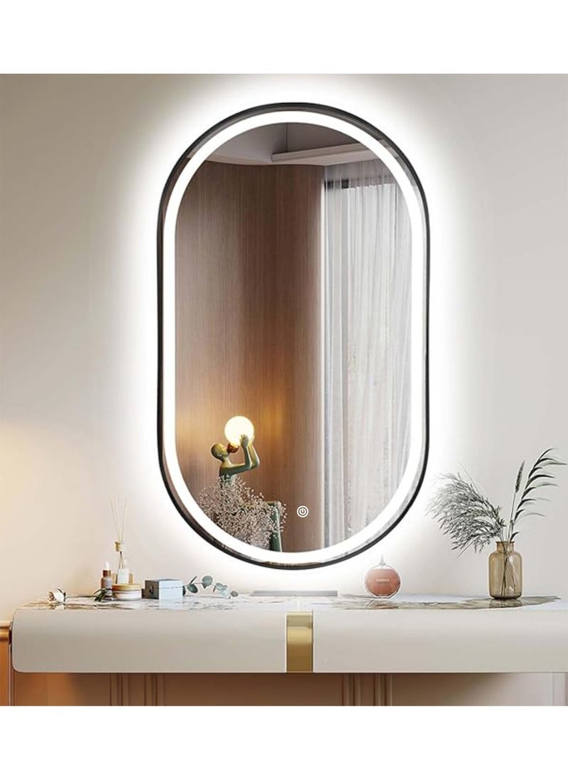 Oval Smart LED Vanity  Mirror Dimmable Wall Mounted Vanity Mirror with Metal Frame Waterproof Smart Mirror Memory Function Horizontal or Vertical Black 50*80