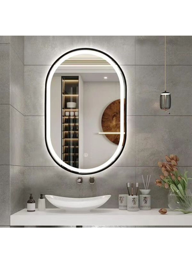 Oval Smart LED Vanity  Mirror Dimmable Wall Mounted Vanity Mirror with Metal Frame Waterproof Smart Mirror Memory Function Horizontal or Vertical Black 50*80