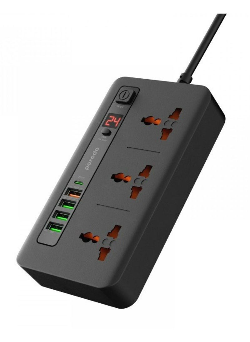 Multi-Port Power HUB with Power Button & Timer, Over-Heat Protection, 4 USB-A, 1 USB-C, 2m Power Cord - Black