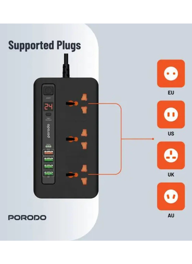 Multi-Port Power HUB with Power Button & Timer, Over-Heat Protection, 4 USB-A, 1 USB-C, 2m Power Cord - Black