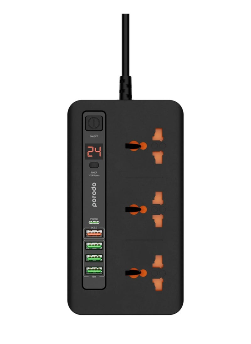 Multi-Port Power HUB with Power Button & Timer, Over-Heat Protection, 4 USB-A, 1 USB-C, 2m Power Cord - Black